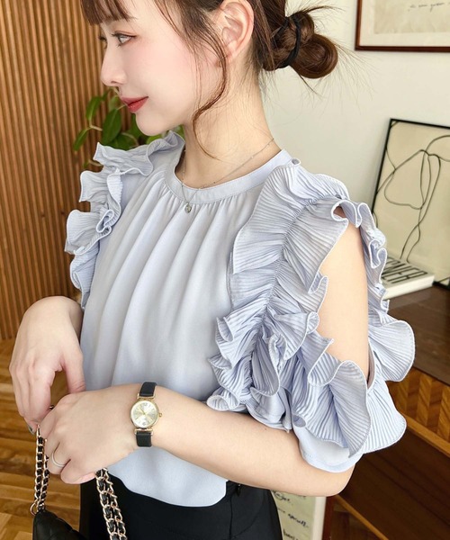 新品タグ付 日本未入荷 シフォンジョーゼット フリルブラウス M ブラック moment+ ブラウス シャツ シフォンジョーゼット半袖ダブルフリル
