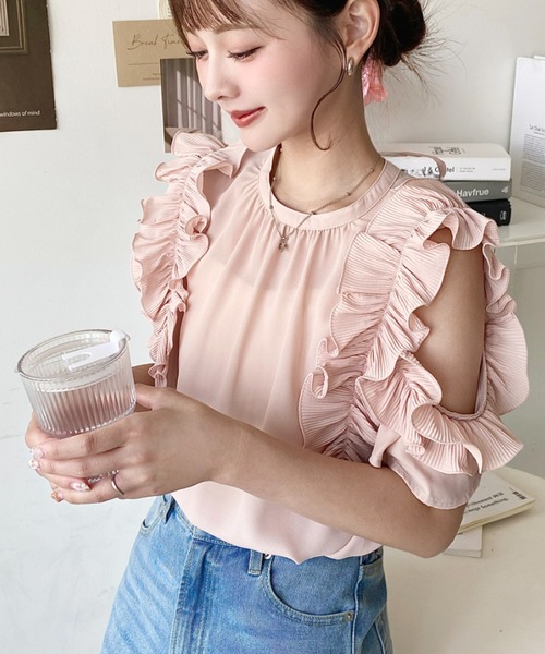 moment+ ブラウス シャツ シフォンジョーゼット半袖バックリボン袖