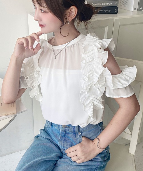 moment+ ブラウス シャツ シフォンジョーゼット半袖バックリボン袖