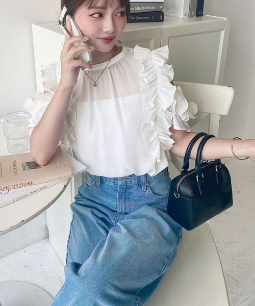 新品タグ付 日本未入荷 シフォンジョーゼット フリルブラウス M ブラック moment+ ブラウス シャツ シフォンジョーゼット半袖ダブルフリル