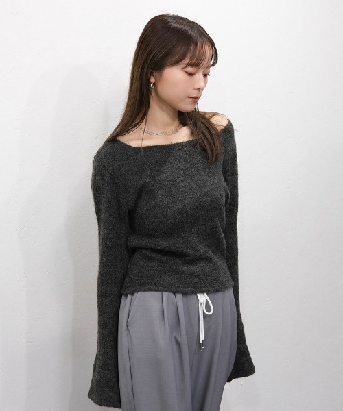 ニット セーター フレアスリーブモヘアニット／flare sleeve mohair knit 長袖 クルーネック ミドル丈 シンプル きれいめ レデ