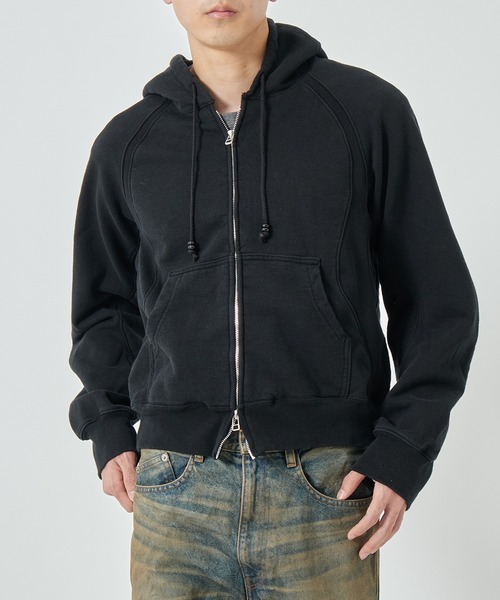 【NVRFRGT】パーカー 黒 オーガニックコットン 1 S NVRFRGT（ネヴァーフォーゲット） パーカー PANELLED ZIP UP HOODIE
