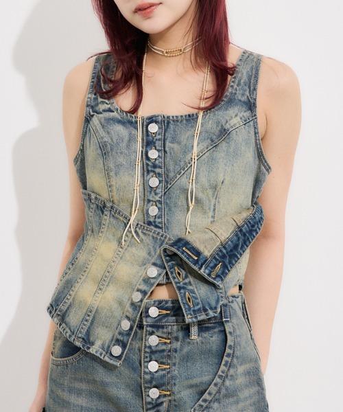 キャミソール 「限定展開」LAYERED CORSET DENIM BUSTIER-C レイヤード コルセット デニム ビスチェ シー