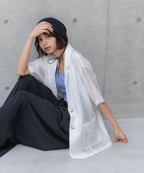 シアージャガードオーバーサイズ半袖ジャケット PAGEBOY ジャケット テーラードジャケット 「半袖」シアー