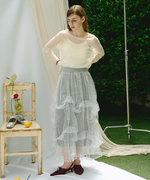 スカート willfully random tiered tulle & pongeeSK Willfully Random Tiered Tulle and Pongee Skirt Full skirt