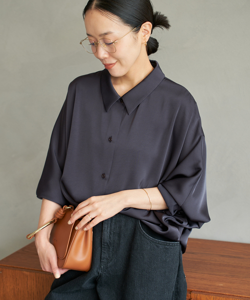 プラージュ　Linen Dolman シャツ　長袖　手洗い可能　サックスブルー plage ブラウス シャツ dull satin dolman レディース