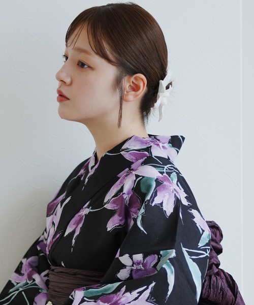 utatane 浴衣 浴衣3点セット 黒地にさざめく紫の花 レディース