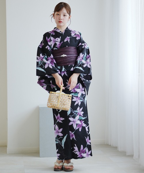 utatane 浴衣 浴衣3点セット 黒地にさざめく紫の花 レディース