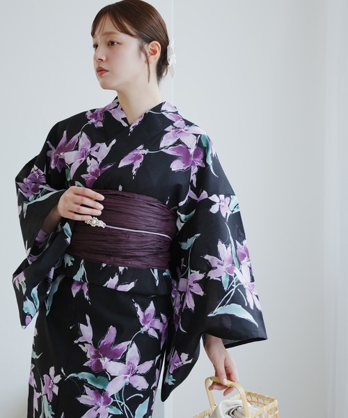 utatane 浴衣 浴衣3点セット 黒地にさざめく紫の花 レディース