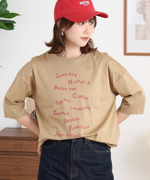 tシャツ BRODIAEA ロゴプリント5分袖Tシャツ レディース
