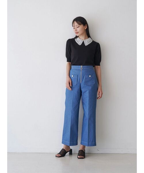 新品 袖レースデザインスリーブニット 紺 最終お値下げ！！】袖レース編みラグランスリーブニット（ニット