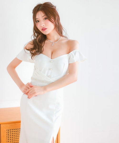 オフショルダー ミディ丈 バイカラー キャバドレス パール パーティー オフショルダー ミディ丈 バイカラー キャバドレス パール パーティー