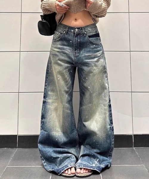 FreeZone ワイドパンツ ジーンズ ヴィンテージ色落ち×ペイント加工