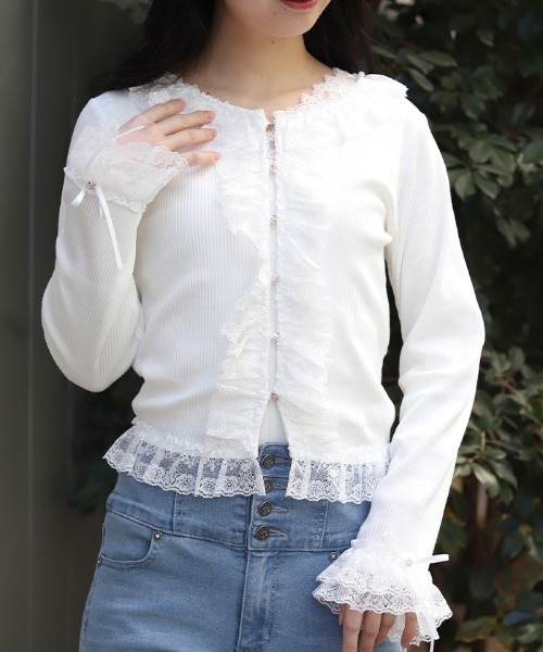 ホワイト フリル トップス axes femme（アクシーズ ファム） tシャツ ローズボタンフリルトップス