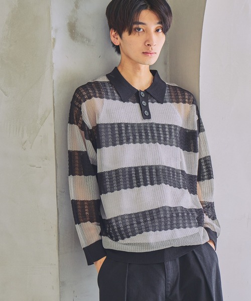 ねこ様リクエスト　ボーダー柄フリルポロ　シアーメッシュポロ PBLIM ポロシャツ ポロ 「UNISEX」ボーダーメッシュポロシャツ