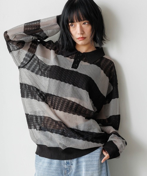 PBLIM ポロシャツ ポロ 「UNISEX」ボーダーメッシュポロシャツ