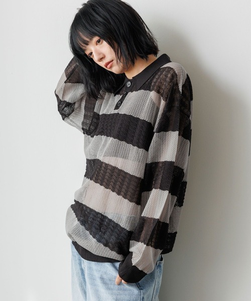 PBLIM ポロシャツ ポロ 「UNISEX」ボーダーメッシュポロシャツ