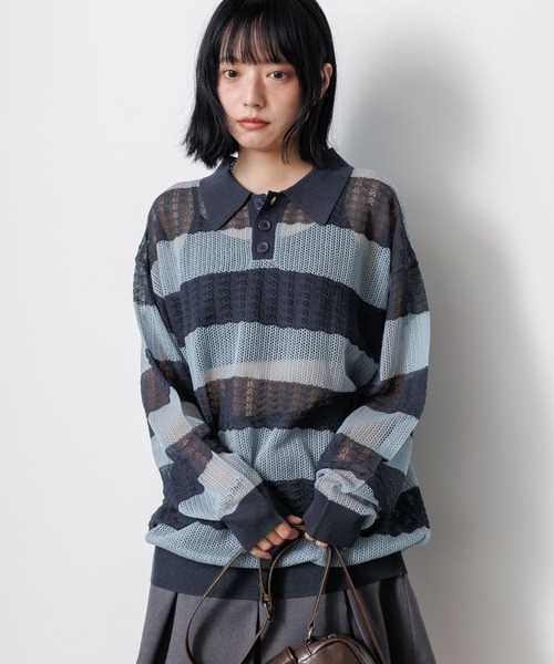 ねこ様リクエスト　ボーダー柄フリルポロ　シアーメッシュポロ PBLIM ポロシャツ ポロ 「UNISEX」ボーダーメッシュポロシャツ