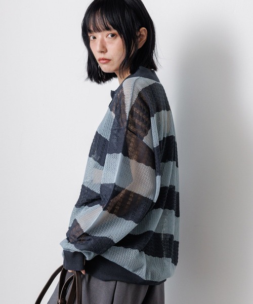 PBLIM ポロシャツ ポロ 「UNISEX」ボーダーメッシュポロシャツ