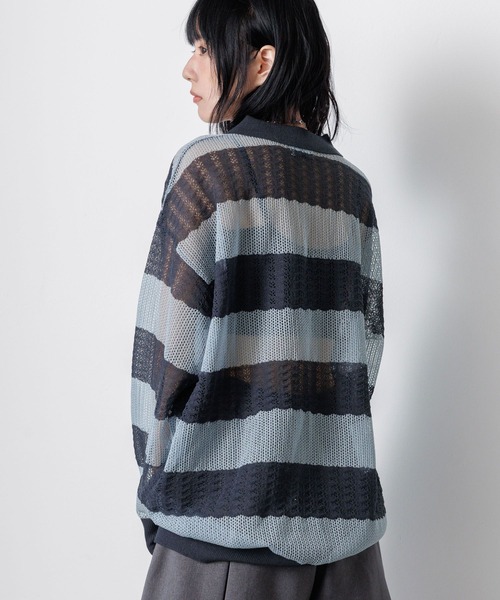 PBLIM ポロシャツ ポロ 「UNISEX」ボーダーメッシュポロシャツ