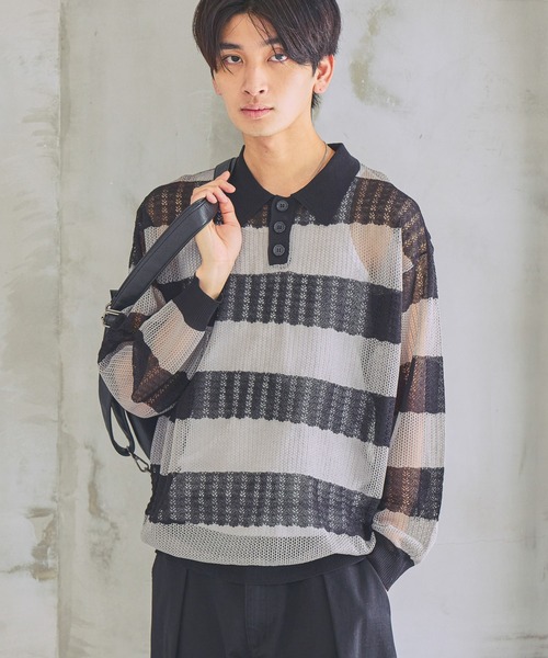 PBLIM ポロシャツ ポロ 「UNISEX」ボーダーメッシュポロシャツ
