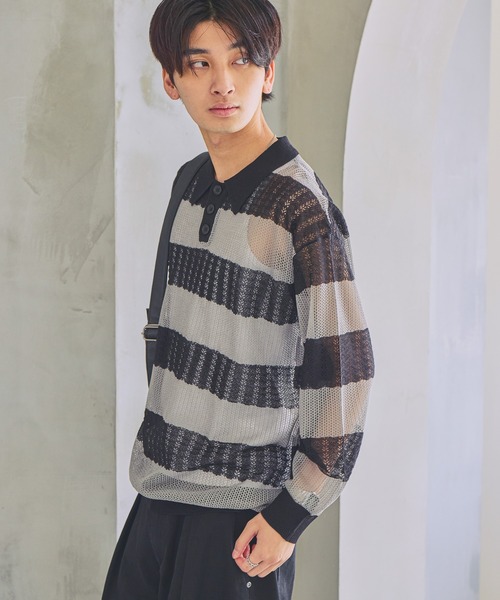 PBLIM ポロシャツ ポロ 「UNISEX」ボーダーメッシュポロシャツ