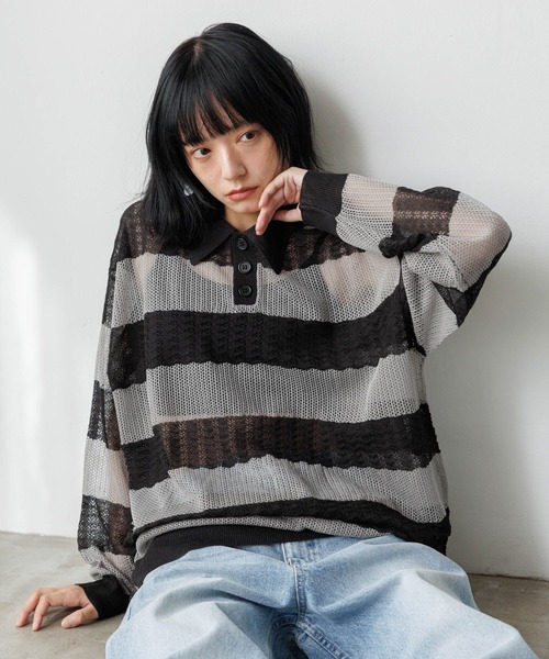PBLIM ポロシャツ ポロ 「UNISEX」ボーダーメッシュポロシャツ