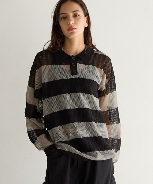 PBLIM ポロシャツ ポロ 「UNISEX」ボーダーメッシュポロシャツ