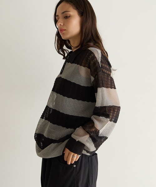 PBLIM ポロシャツ ポロ 「UNISEX」ボーダーメッシュポロシャツ