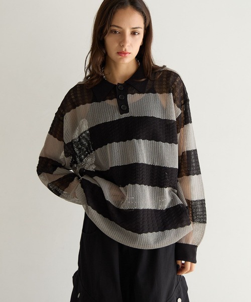 PBLIM ポロシャツ ポロ 「UNISEX」ボーダーメッシュポロシャツ