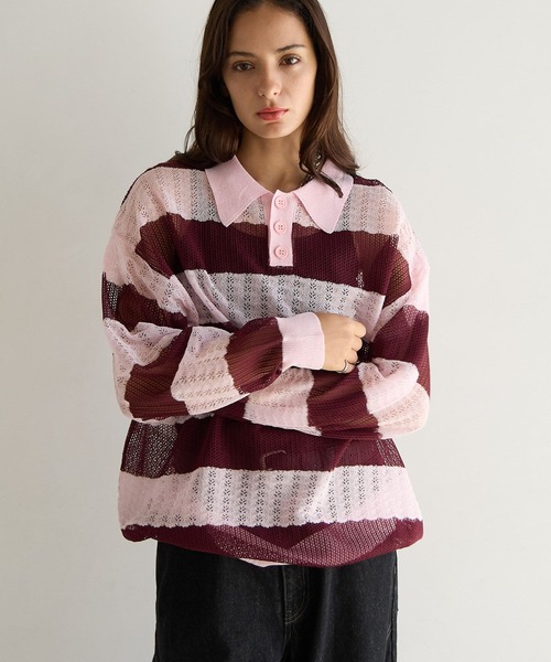 PBLIM ポロシャツ ポロ 「UNISEX」ボーダーメッシュポロシャツ