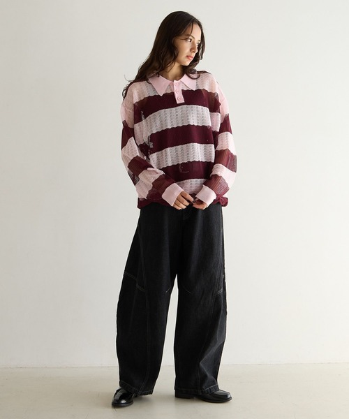 PBLIM ポロシャツ ポロ 「UNISEX」ボーダーメッシュポロシャツ