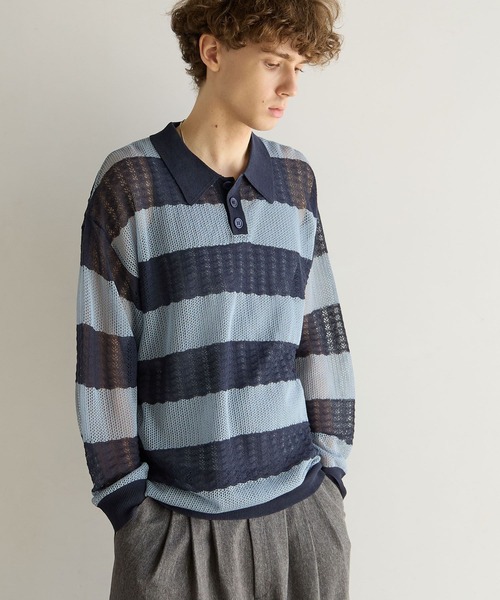 ねこ様リクエスト　ボーダー柄フリルポロ　シアーメッシュポロ PBLIM ポロシャツ ポロ 「UNISEX」ボーダーメッシュポロシャツ