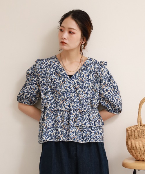 NON TOKYO 五分袖 ペプラム トップス バンジー花柄 Crossi ブラウス シャツ 夏 小花柄フリルペプラムVネックパフスリーブ