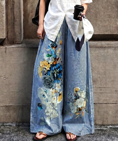 antiqua（アンティカ） ワイドパンツ パンツ 花柄 ストライプ柄 綿100