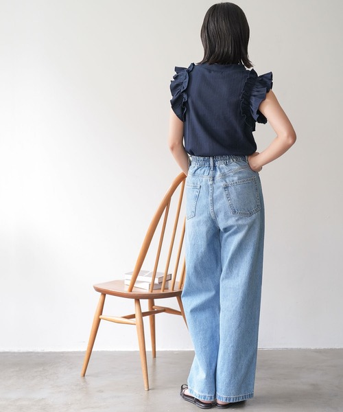 mili an deni タンクトップ ノースリーブ フリルスリーブリブ