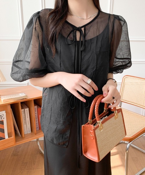 OHGA オオガ SAVON サボン パフスリーブ シアーブラウス ブラック CATEGORY TOPS | OHGA