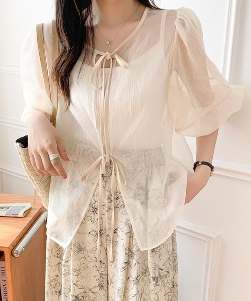 ABITOKYO ブラウス シャツ パフスリーブワッシャーシアーリボン
