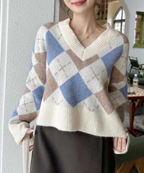 CYCLAS シクラス　トップス　 アーガイル柄 Vネック　ニット CYCLAS シクラス トップス アーガイル柄 Vネック ニット