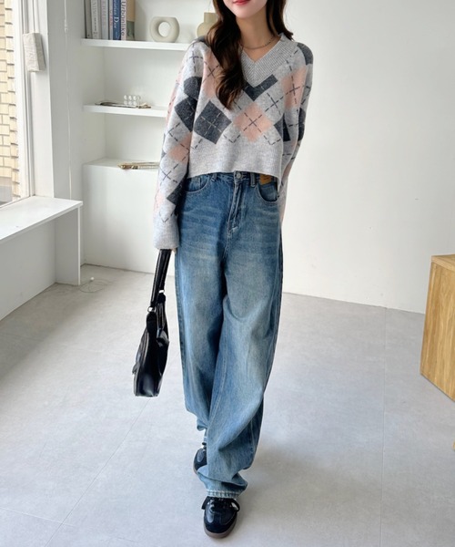 ニット セーター Vネック アーガイル柄 ショート丈 レディース