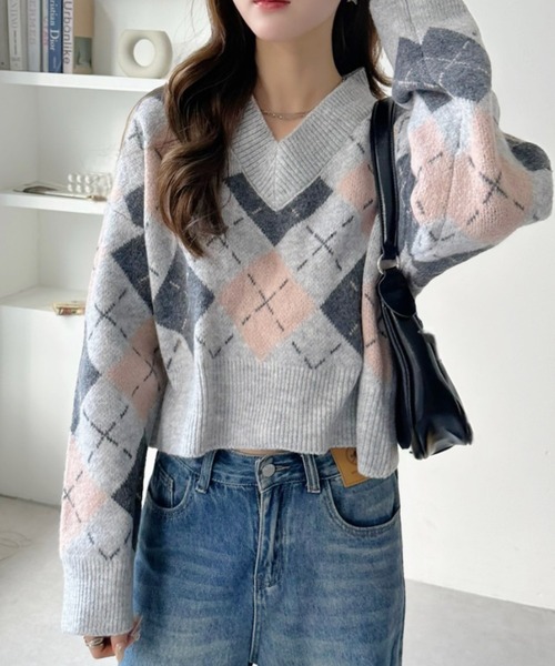 ニット セーター Vネック アーガイル柄 ショート丈 レディース