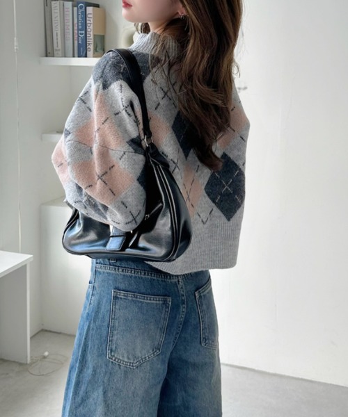 ニット セーター Vネック アーガイル柄 ショート丈 レディース