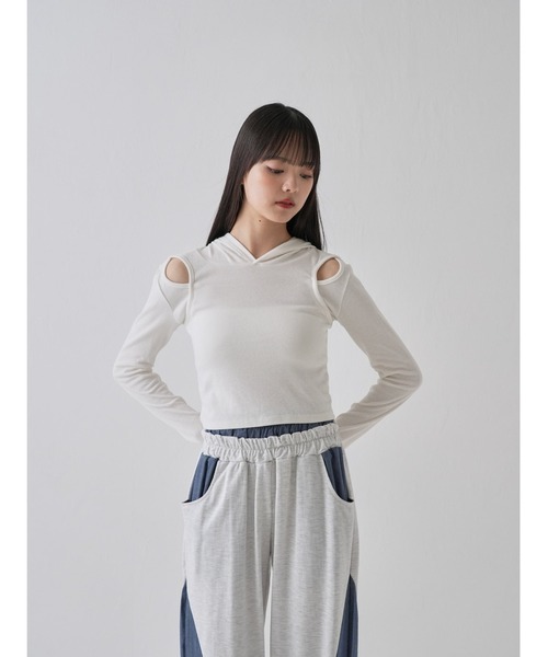 tシャツ アームホール カットアウトデザイン フーディー カットソー レディース Uenui tシャツ アームホール カットアウトデザイン フーディー