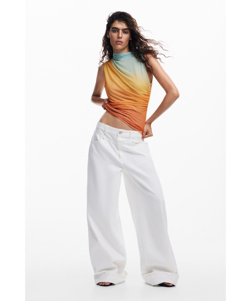 デシグアル グラデーションシャツ S インド製 Desigual tシャツ サンセットグラデーション ドレープトップ