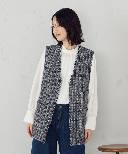 ベスト ジレ ファンシーツイード　ロングジレ レディース