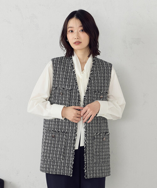 Avec deux clefs ロングベスト　ツイード COMME CA ISM（コムサイズム） ベスト ジレ ファンシーツイード