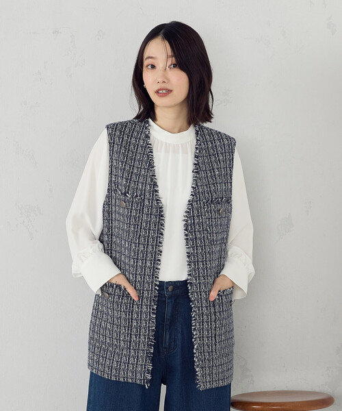 COMME CA ISM ベスト ジレ ファンシーツイード ロングジレ レディース