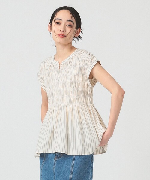 ブラウス シャツ ストライプ シャーリング フレンチスリーブ ブラウス 「洗える」 レディース