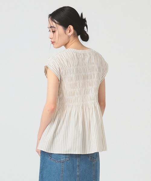 ブラウス シャツ ストライプ シャーリング フレンチスリーブ ブラウス 「洗える」 レディース Ray BEAMS ブラウス シャツ ストライプ シャーリング フレンチ