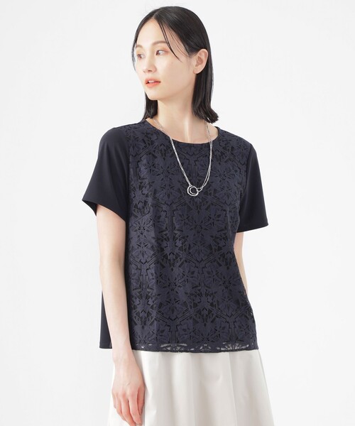 tシャツ 「ウォッシャブル」「接触冷感」ラッセルレースコンビスムースプルオーバーカットソー レディース